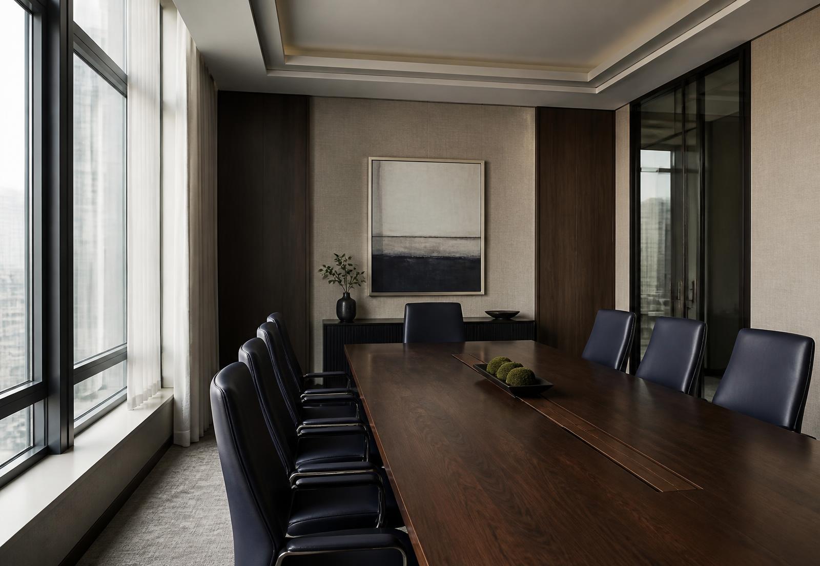 Empty boardroom with a long walnut table and daylight through tall windows